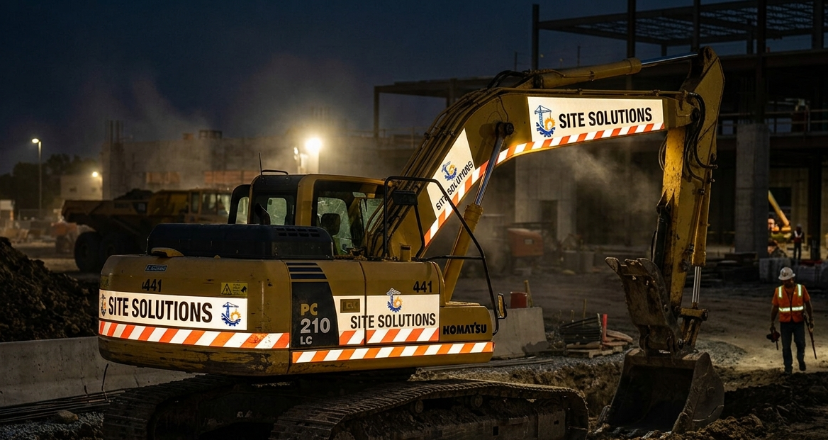 A Komatsu excavator with Reflective Tape - Custom Printed - 'SITE SOLUTIONS' with an orange-and-white striped reflective safety markings, photographed at a construction site at night with a worker visible nearby.