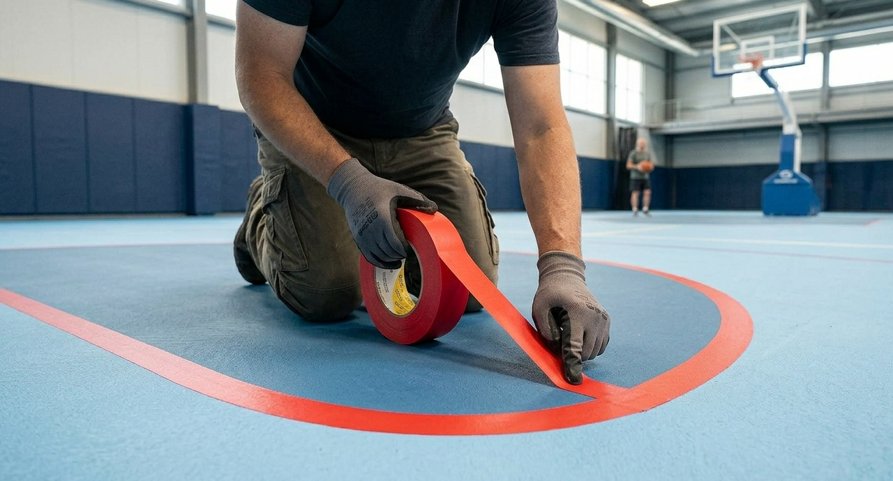 Sports Marking / Floor Marking Tape being applied to a Basketball Court
