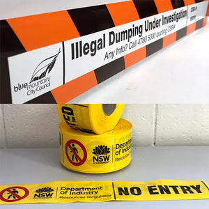 We supply - Under Investigation, Illegal Dumping, Restricted Area & other Custom Printed Messages on Safety Tape right across Australia to Government Agencies & Councils