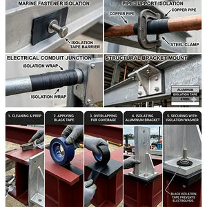 Step-by-step process of applying black Isolation tape, overlapping for coverage, isolating with an aluminum bracket, and securing with an isolation washer on metal components.