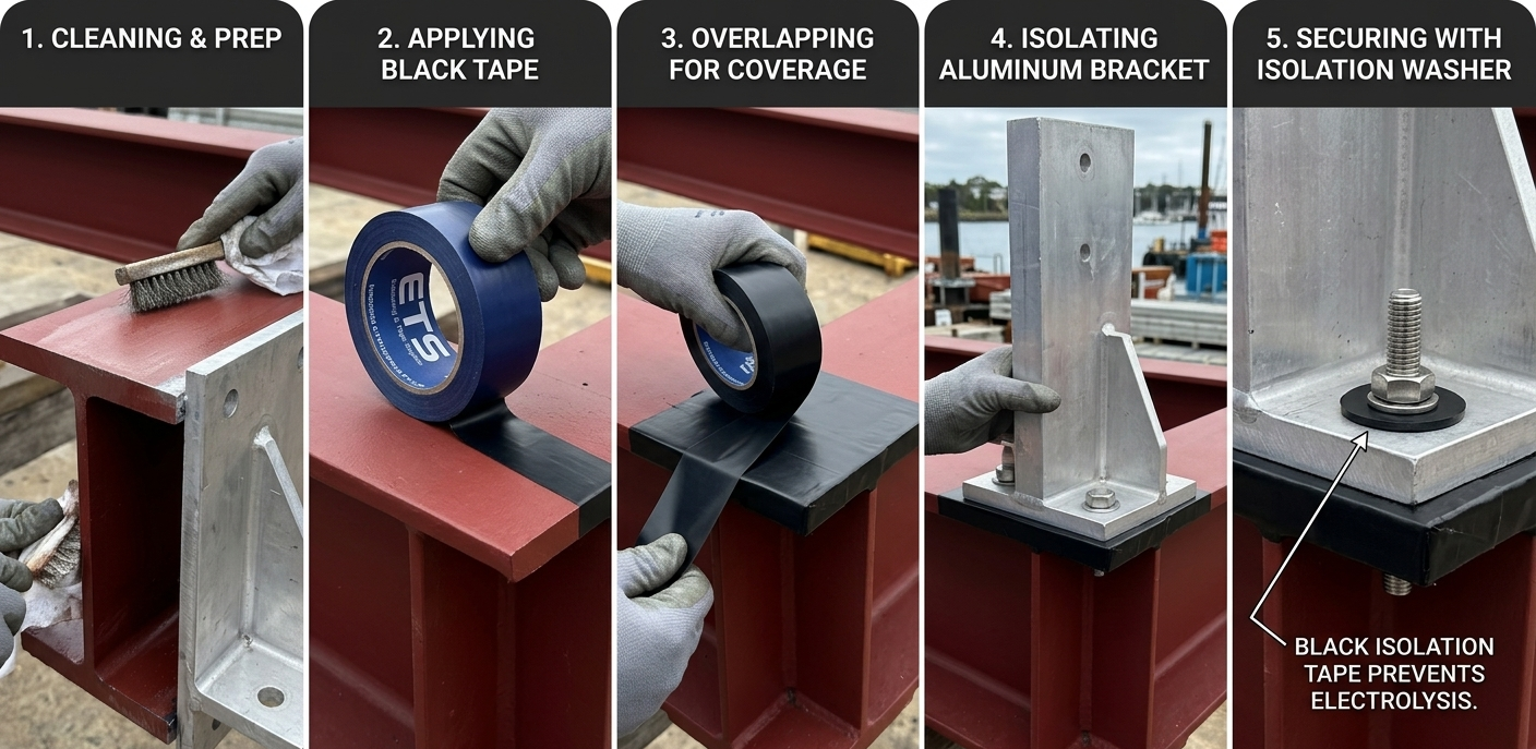 Prevent Galvanic Corrosion, from 2 different (dissimilar metals) coming into contact with each other by using Isolation Tape