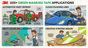 3M's High Performance Green Masking Tape is shown here in use for different masking applications