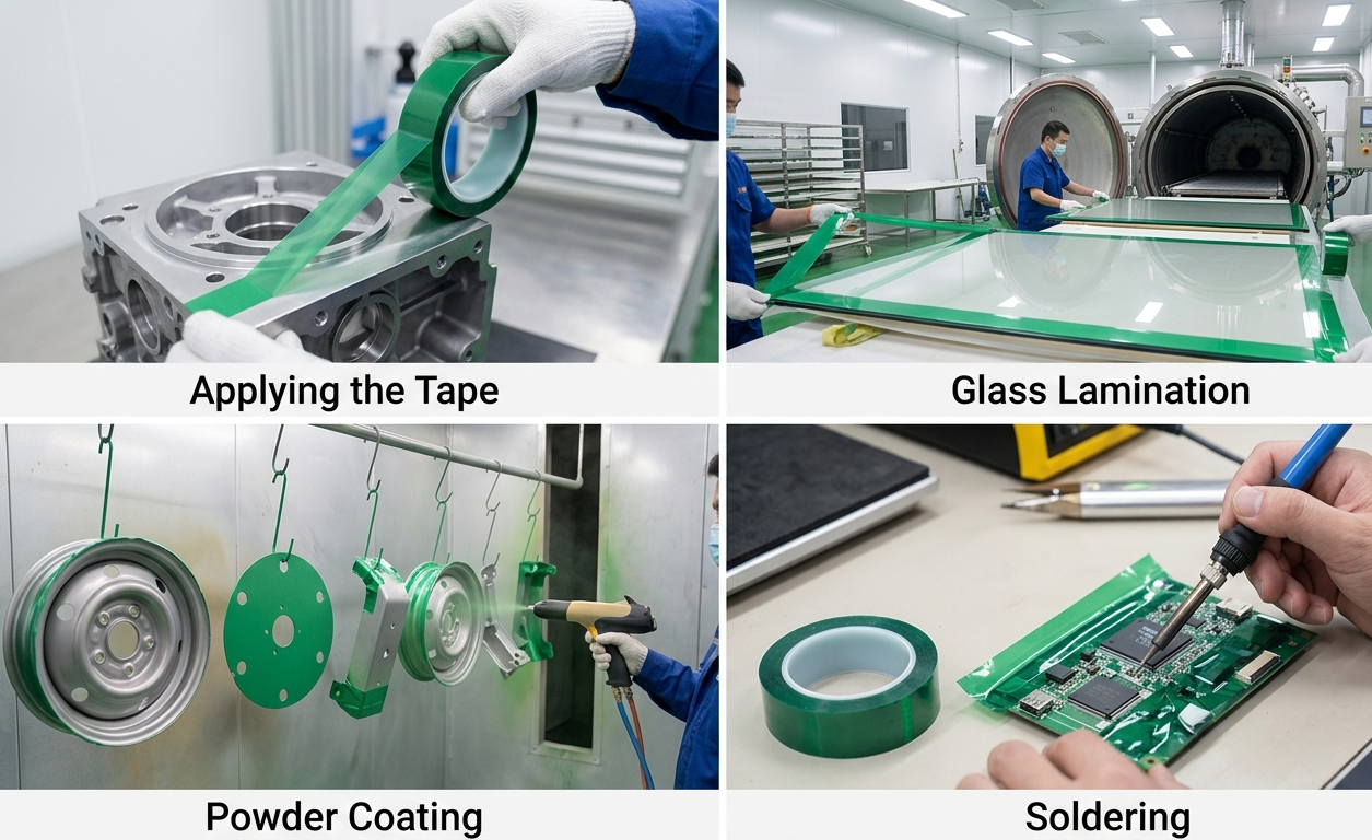 Green High Temperature Polyester Masking Tape is designed for use in Industrial Baking ovens up to 204c