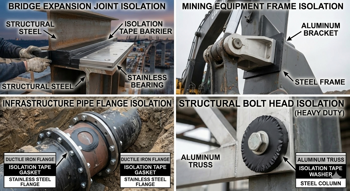 Collage of various metal isolation techniques (using Isolation Tape) for different types of structural elements including a bridge expansion joint, mining equipment frame, infrastructure pipe flange, and structural bolt head.