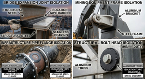 Collage of various metal isolation techniques (using Isolation Tape) for different types of structural elements including a bridge expansion joint, mining equipment frame, infrastructure pipe flange, and structural bolt head.