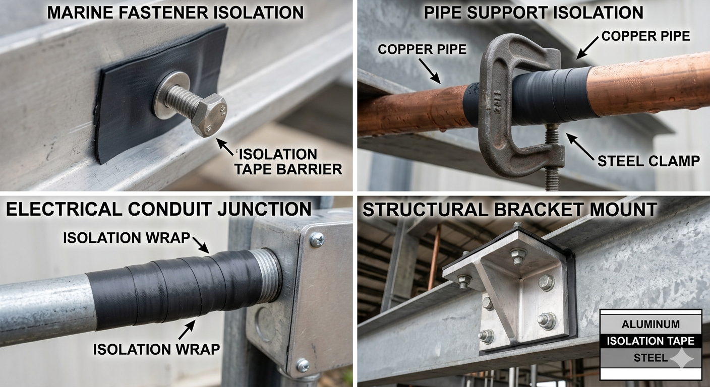 Here's a collection of various isolation installations for marine, pipe, electrical, and structural components to prevent corrosion from 2 different metals coming into contact with each other.