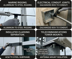 Collage of various construction and installation tasks using Isolation / Bond Breaker Tape to prevent corrosion & electrolysis of 2 different metals coming into contact with each other.