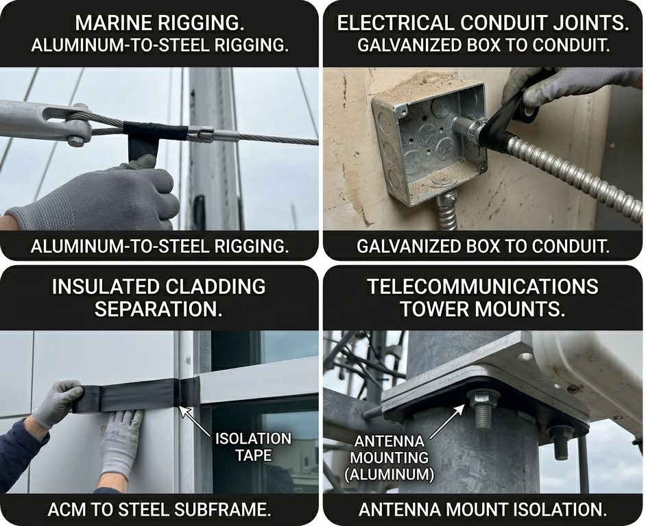 Collage of various construction and installation tasks using Isolation / Bond Breaker Tape to prevent corrosion & electrolysis of 2 different metals coming into contact with each other.