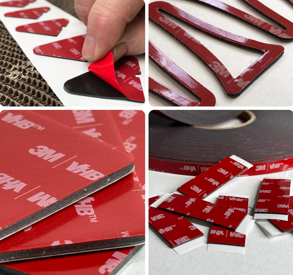 Shown here is 3M 5952 VHB Tape Die Cut to different shapes & sizes. This Double Sided Tape is designed for use on a range of LSE (Low Surface Energy) Plastics.