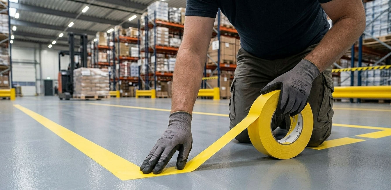 Lane Marking / Floor Marking Tape being applied to a Factory Floor