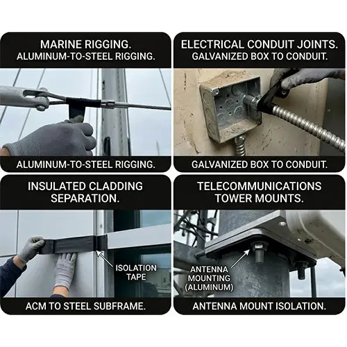 Collage of various construction and installation tasks using Isolation / Bond Breaker Tape to prevent corrosion & electrolysis of 2 different metals coming into contact with each other.