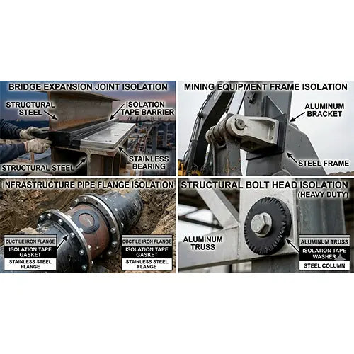 Collage of various metal isolation techniques (using Isolation Tape) for different types of structural elements including a bridge expansion joint, mining equipment frame, infrastructure pipe flange, and structural bolt head.