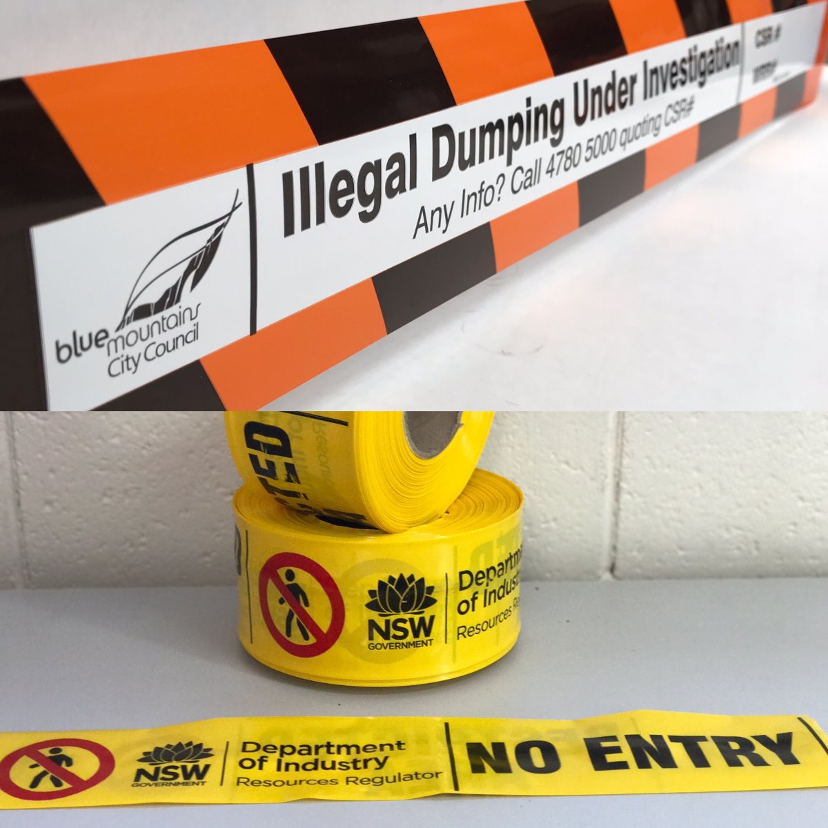 We supply - Under Investigation, Illegal Dumping, Restricted Area & other Custom Printed Messages on Safety Tape right across Australia to Government Agencies & Councils